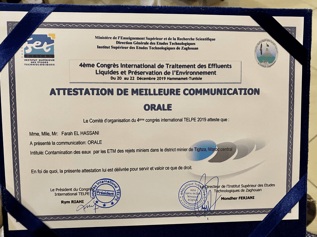 Prix de la Meilleure communication orale au 4ème Congrès international